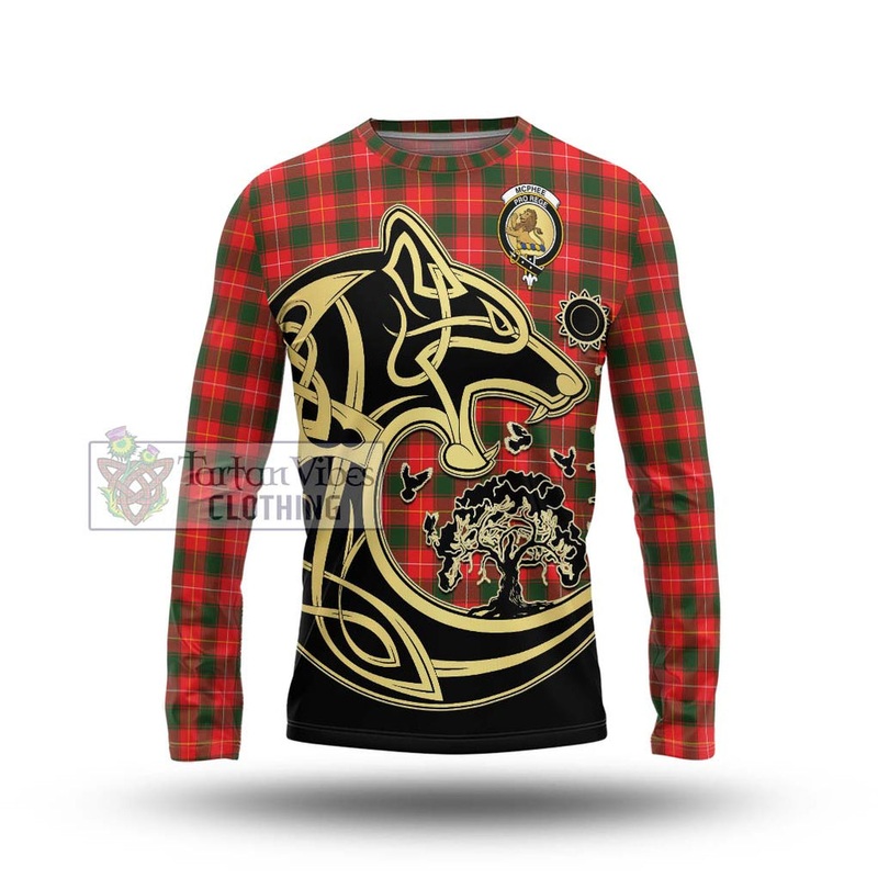 McPhee Modern Tartan Long Sleeve T-Shirt with Family Crest Celtic Wolf Style