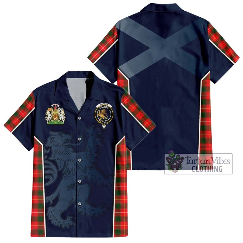 McPhee Modern Tartan Short Sleeve Button Shirt with Family Crest and Lion Rampant Vibes Sport Style