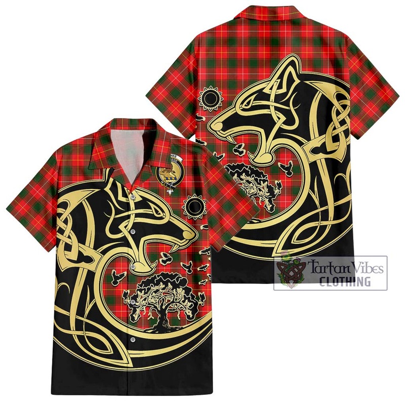McPhee Modern Tartan Short Sleeve Button Shirt with Family Crest Celtic Wolf Style