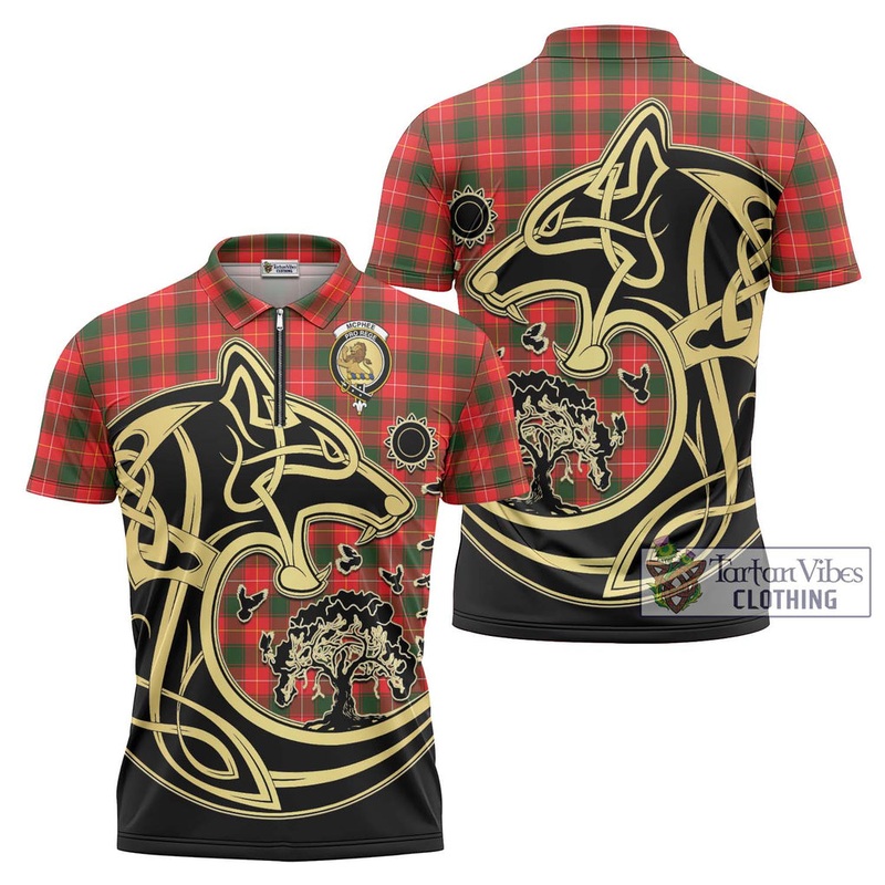 McPhee Modern Tartan Zipper Polo Shirt with Family Crest Celtic Wolf Style