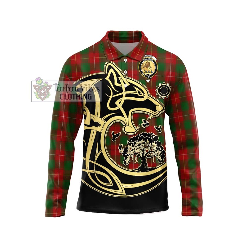 McPhee Tartan Long Sleeve Polo Shirt with Family Crest Celtic Wolf Style