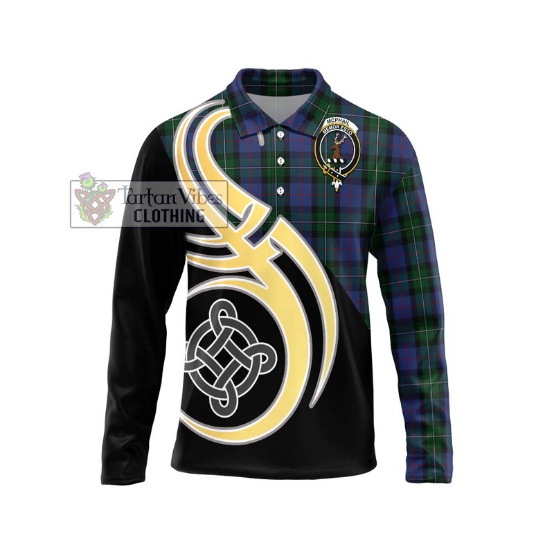 McPhail Hunting Tartan Long Sleeve Polo Shirt with Family Crest and Celtic Symbol Style