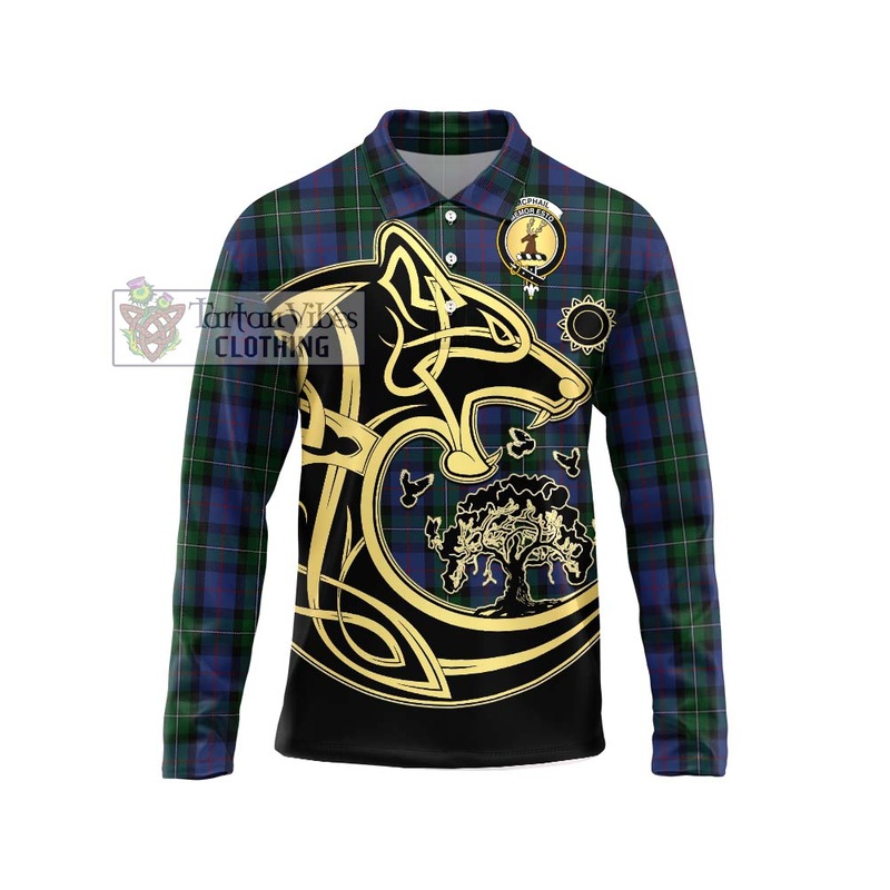 McPhail Hunting Tartan Long Sleeve Polo Shirt with Family Crest Celtic Wolf Style