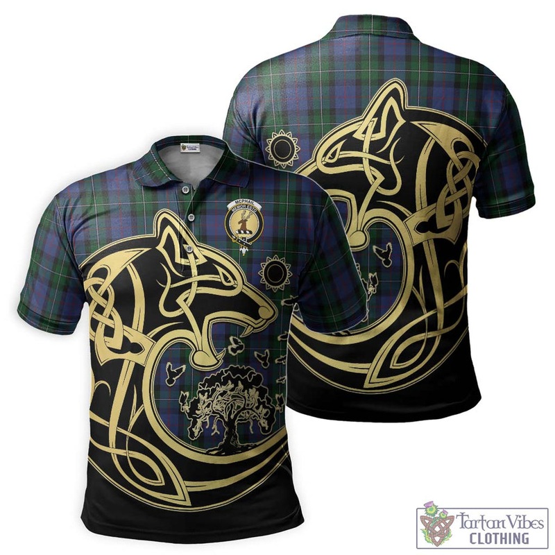 McPhail Hunting Tartan Polo Shirt with Family Crest Celtic Wolf Style