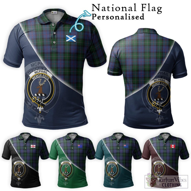 McPhail Hunting Tartan Polo Shirt with Personalised National Flag and Family Crest Half Style