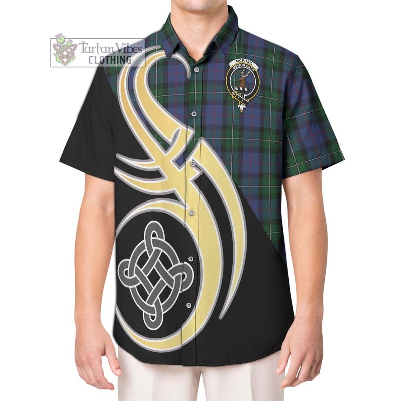 McPhail Hunting Tartan Short Sleeve Button Shirt with Family Crest and Celtic Symbol Style