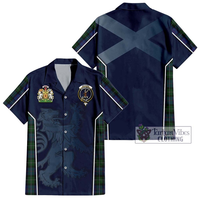 McPhail Hunting Tartan Short Sleeve Button Shirt with Family Crest and Lion Rampant Vibes Sport Style