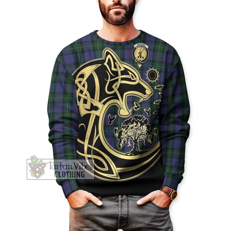 McPhail Hunting Tartan Sweatshirt with Family Crest Celtic Wolf Style