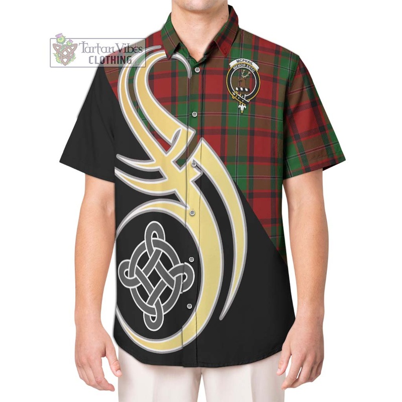McPhail Tartan Short Sleeve Button Shirt with Family Crest and Celtic Symbol Style