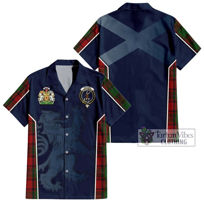 McPhail Tartan Short Sleeve Button Shirt with Family Crest and Lion Rampant Vibes Sport Style