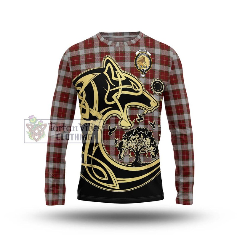 McPhee Dress Tartan Long Sleeve T-Shirt with Family Crest Celtic Wolf Style