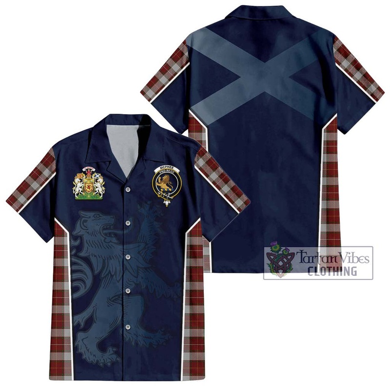 McPhee Dress Tartan Short Sleeve Button Shirt with Family Crest and Lion Rampant Vibes Sport Style