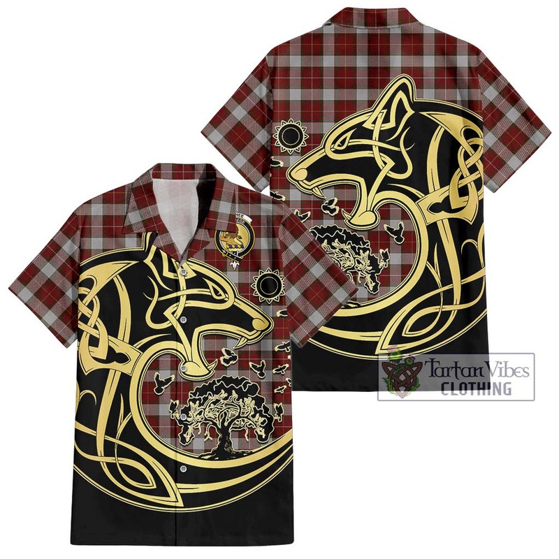 McPhee Dress Tartan Short Sleeve Button Shirt with Family Crest Celtic Wolf Style
