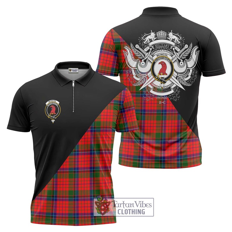 McNicol of Scorrybreac Tartan Zipper Polo Shirt with Family Crest and Military Logo Style