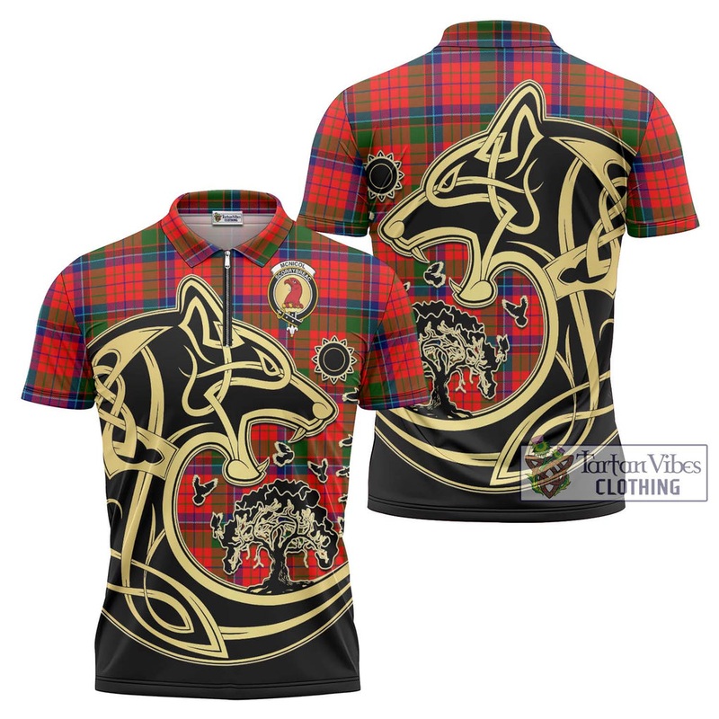 McNicol of Scorrybreac Tartan Zipper Polo Shirt with Family Crest Celtic Wolf Style
