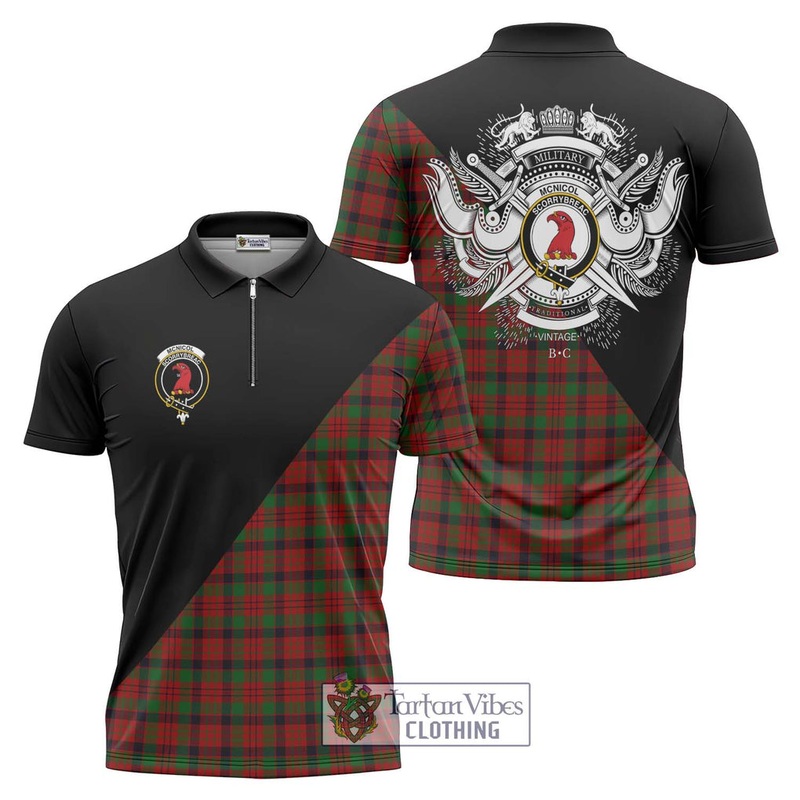 McNicol Tartan Zipper Polo Shirt with Family Crest and Military Logo Style