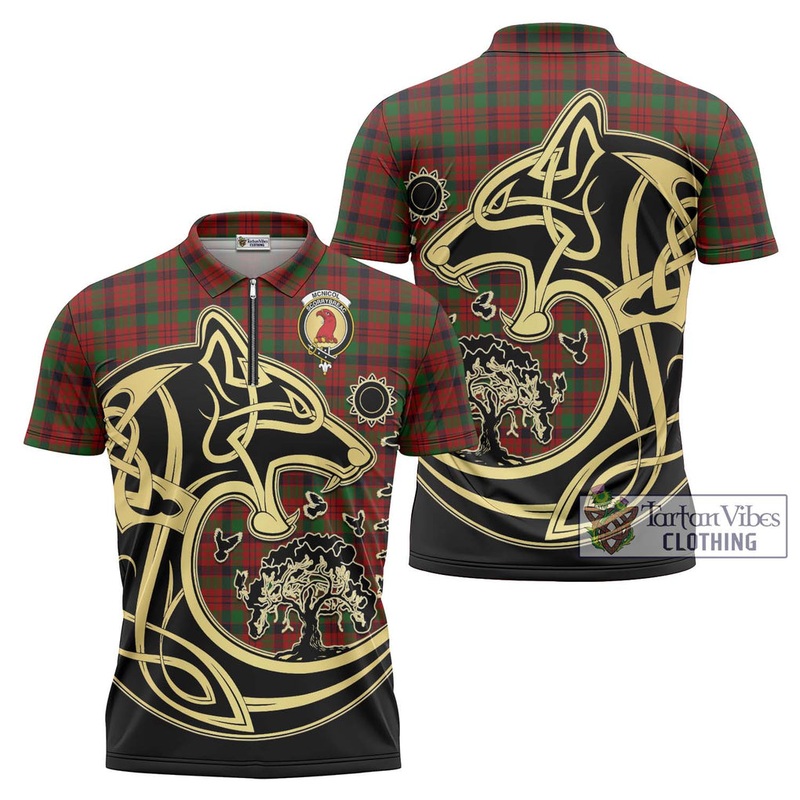 McNicol Tartan Zipper Polo Shirt with Family Crest Celtic Wolf Style