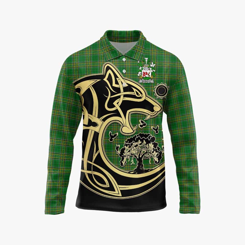 McNulty Irish Tartan Long Sleeve Polo Shirt with Coat of Arms Celtic Wolf Style
