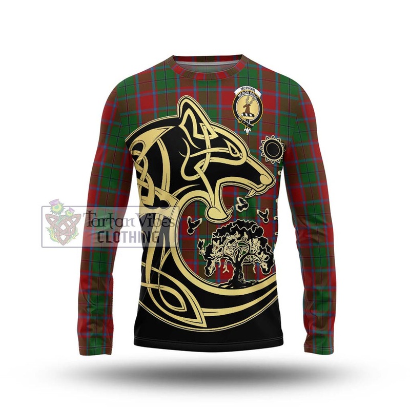McPhail Blue Bands Tartan Long Sleeve T-Shirt with Family Crest Celtic Wolf Style
