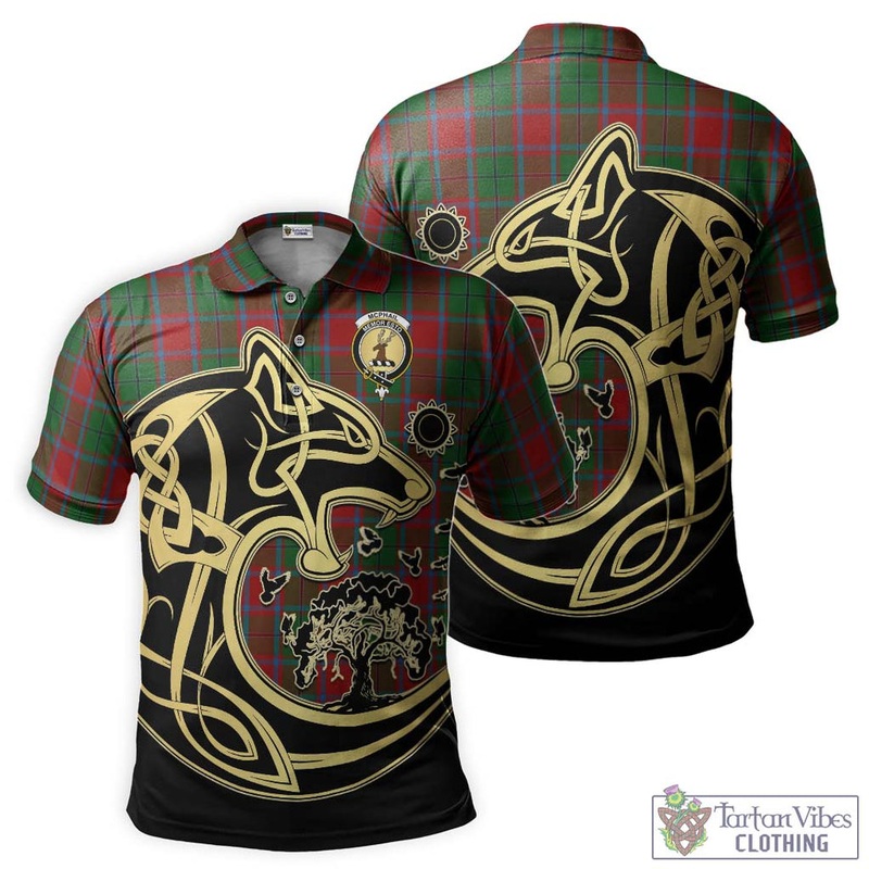McPhail Blue Bands Tartan Polo Shirt with Family Crest Celtic Wolf Style