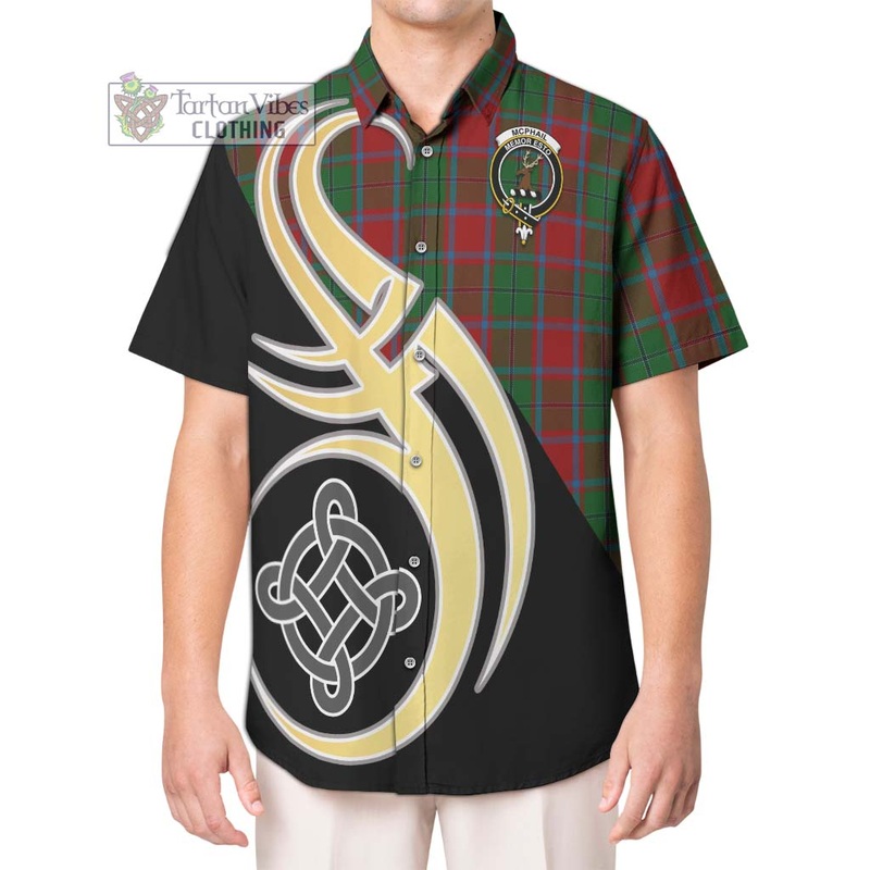 McPhail Blue Bands Tartan Short Sleeve Button Shirt with Family Crest and Celtic Symbol Style
