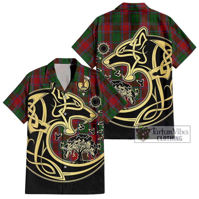 McPhail Blue Bands Tartan Short Sleeve Button Shirt with Family Crest Celtic Wolf Style