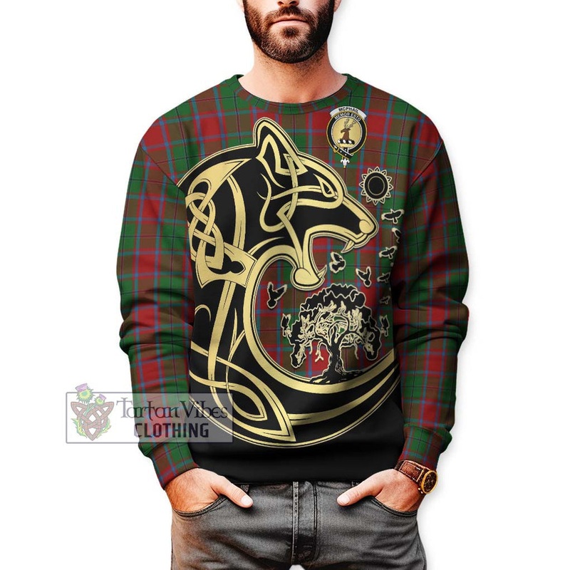 McPhail Blue Bands Tartan Sweatshirt with Family Crest Celtic Wolf Style