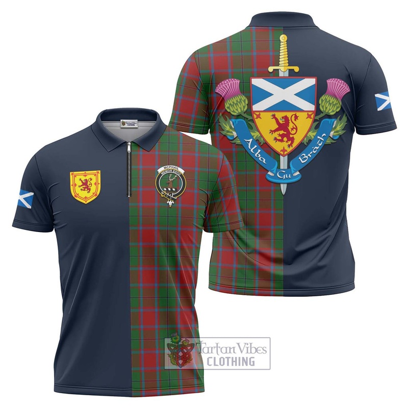 McPhail Blue Bands Tartan Zipper Polo Shirt Alba with Scottish Lion Royal Arm Half Style