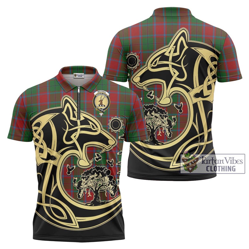 McPhail Blue Bands Tartan Zipper Polo Shirt with Family Crest Celtic Wolf Style