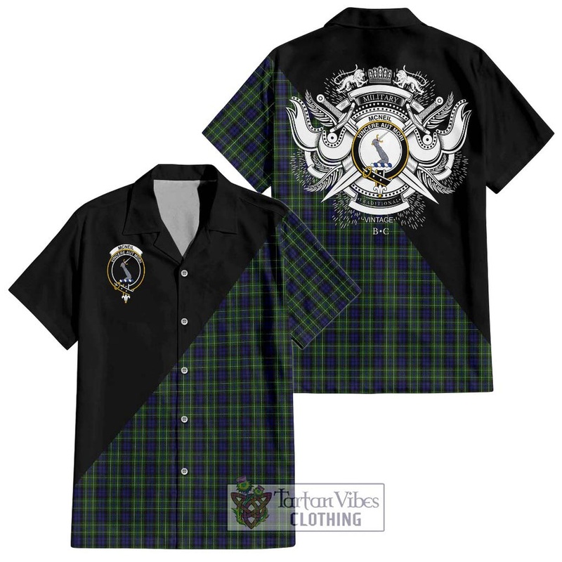 McNeil of Colonsay Tartan Short Sleeve Button Shirt with Family Crest and Military Logo Style