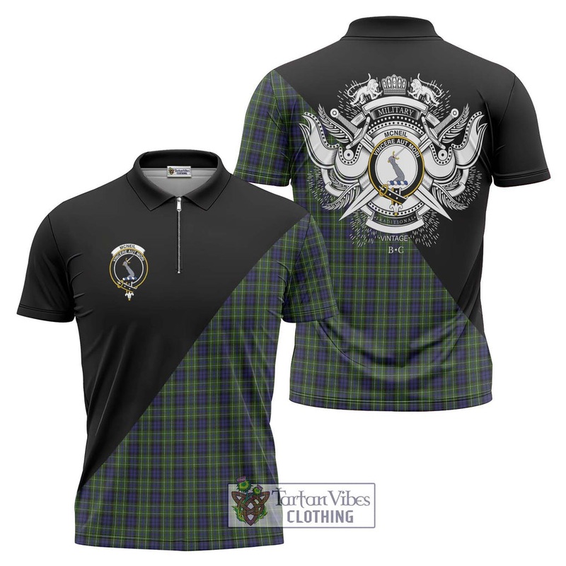 McNeil of Colonsay Tartan Zipper Polo Shirt with Family Crest and Military Logo Style