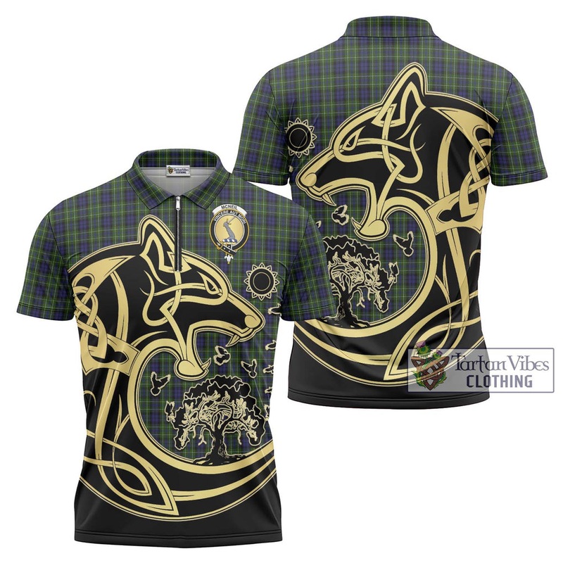McNeil of Colonsay Tartan Zipper Polo Shirt with Family Crest Celtic Wolf Style