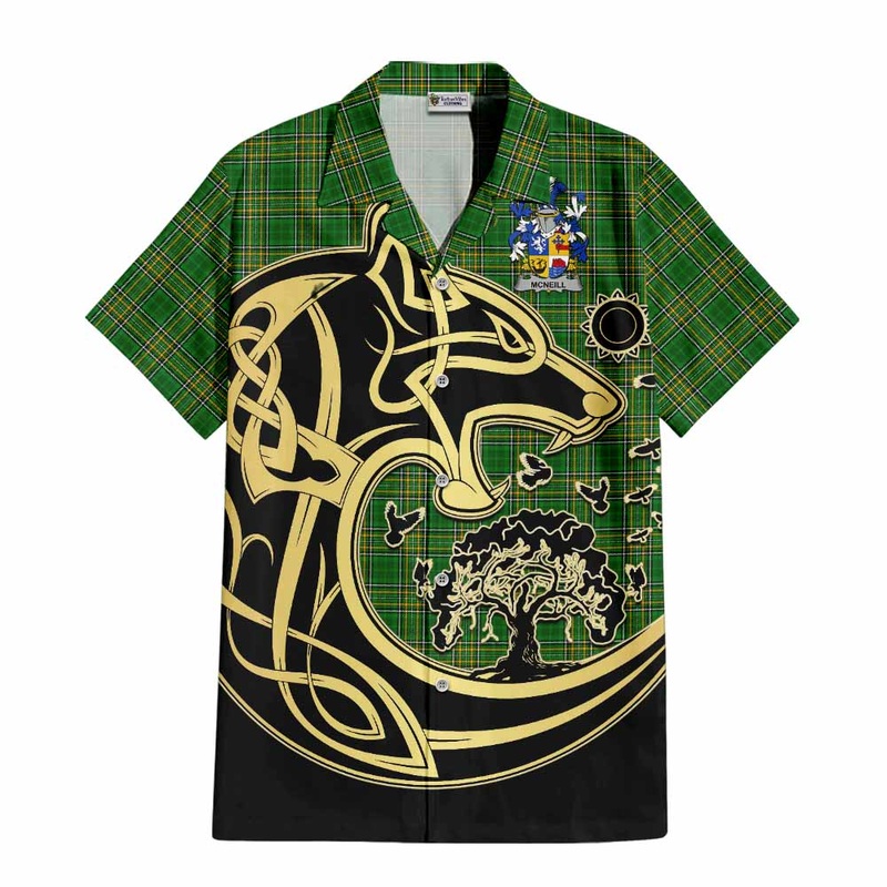 McNeill Irish Tartan Short Sleeve Button Shirt with Coat of Arms Celtic Wolf Style
