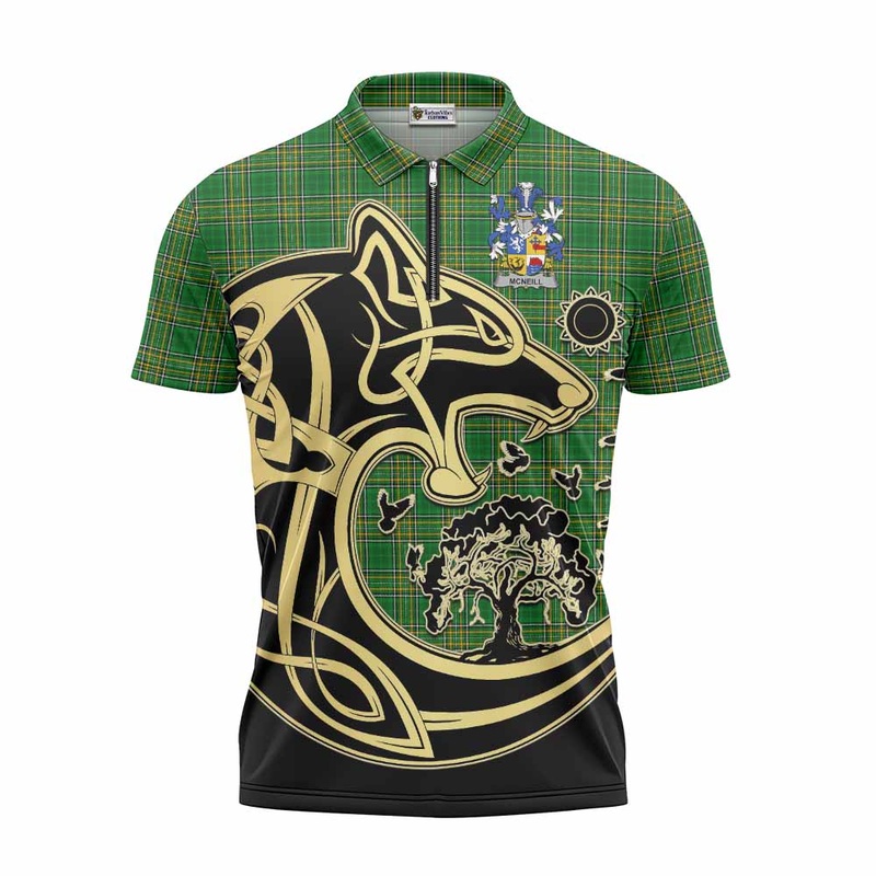 McNeill Irish Tartan Zipper Polo Shirt with Coat of Arms Celtic Wolf Style
