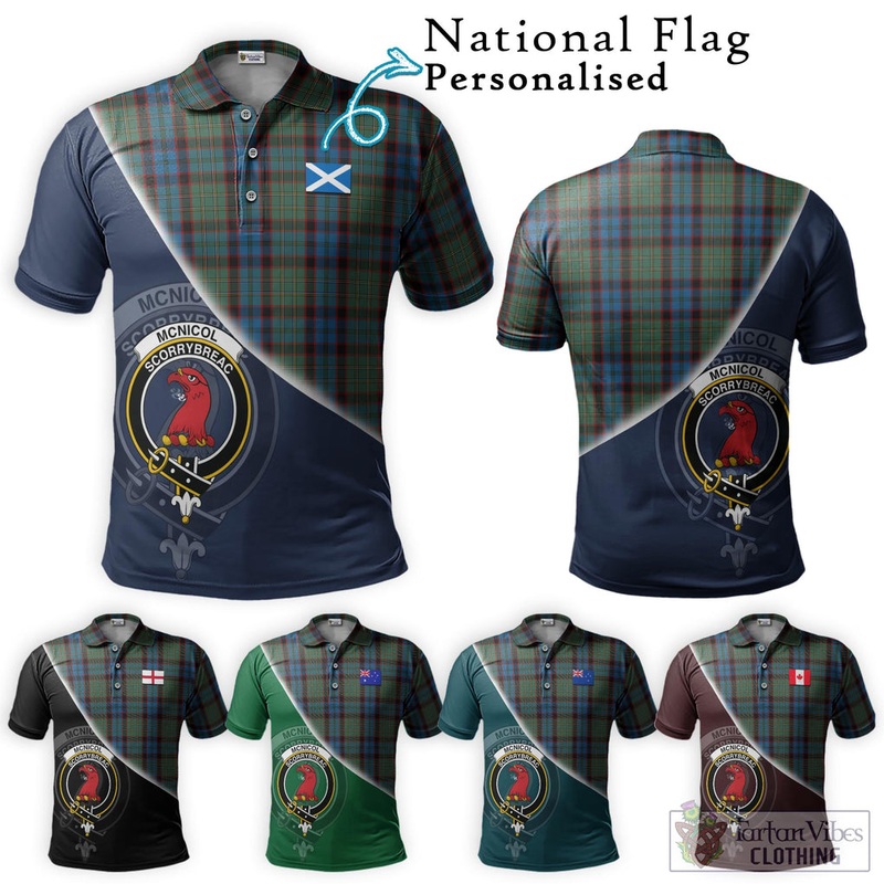 McNicol Hunting Tartan Polo Shirt with Personalised National Flag and Family Crest Half Style