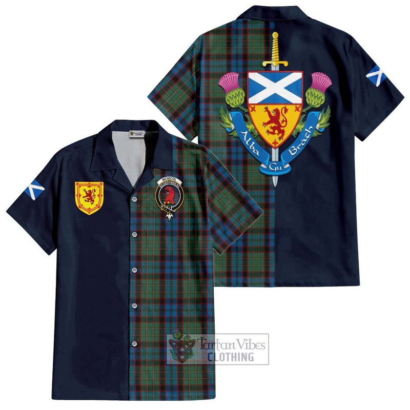 McNicol Hunting Tartan Short Sleeve Button Shirt Alba with Scottish Lion Royal Arm Half Style