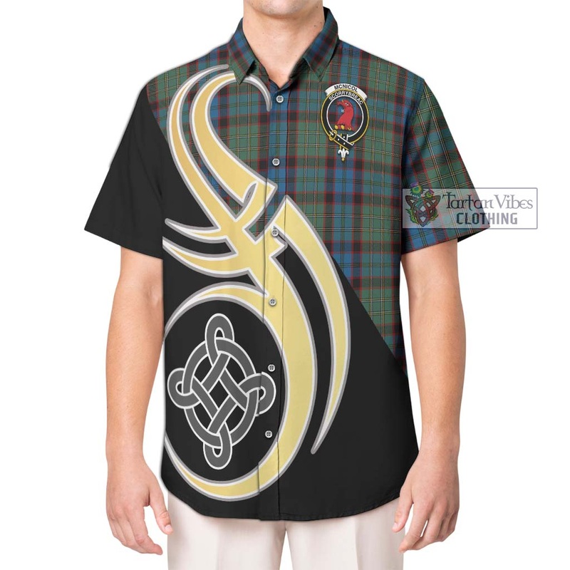 McNicol Hunting Tartan Short Sleeve Button Shirt with Family Crest and Celtic Symbol Style