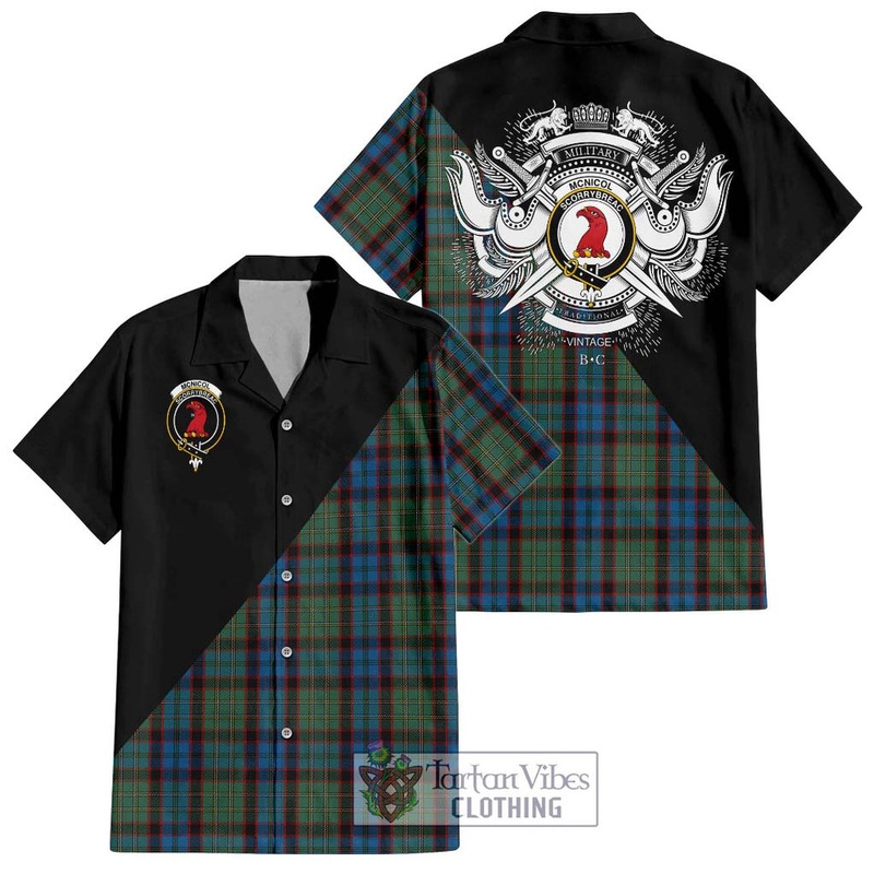 McNicol Hunting Tartan Short Sleeve Button Shirt with Family Crest and Military Logo Style