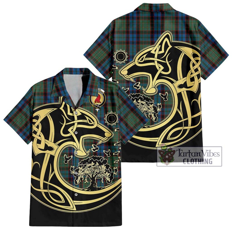 McNicol Hunting Tartan Short Sleeve Button Shirt with Family Crest Celtic Wolf Style