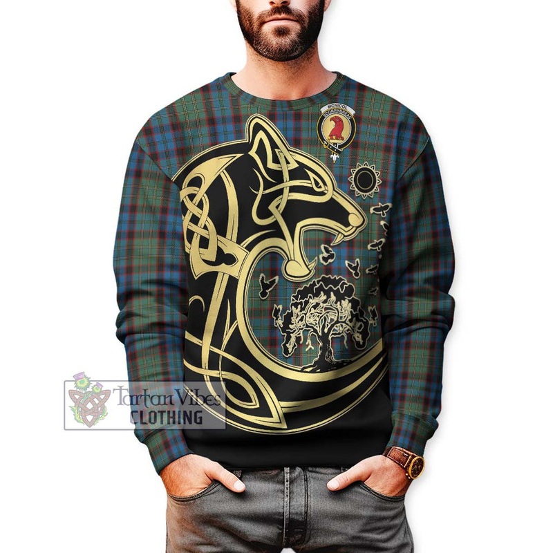 McNicol Hunting Tartan Sweatshirt with Family Crest Celtic Wolf Style