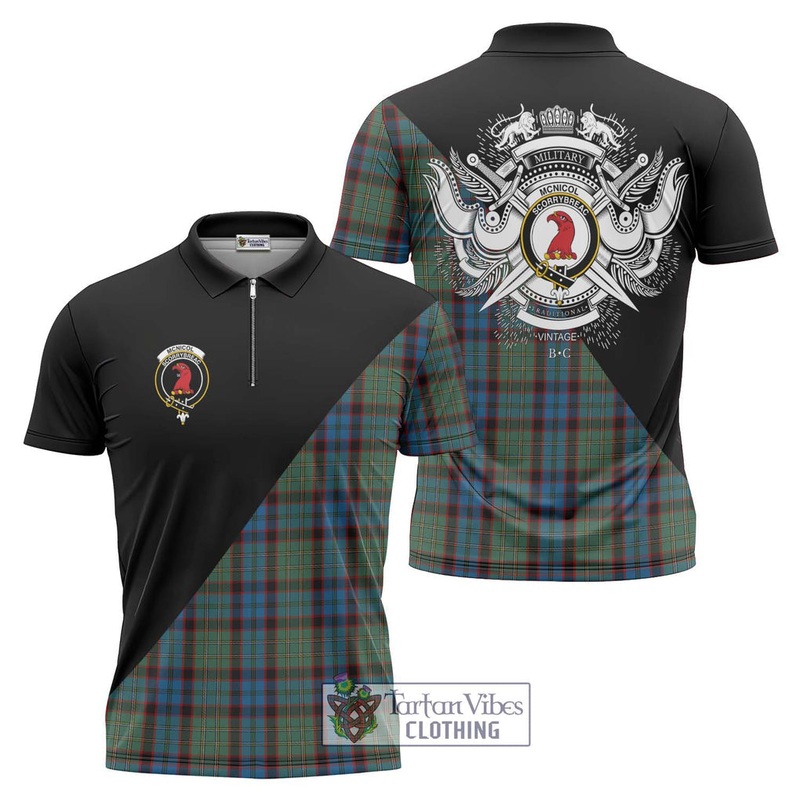 McNicol Hunting Tartan Zipper Polo Shirt with Family Crest and Military Logo Style