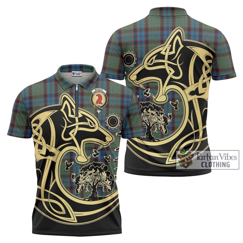 McNicol Hunting Tartan Zipper Polo Shirt with Family Crest Celtic Wolf Style
