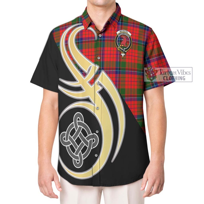 McNicol of Scorrybreac Tartan Short Sleeve Button Shirt with Family Crest and Celtic Symbol Style