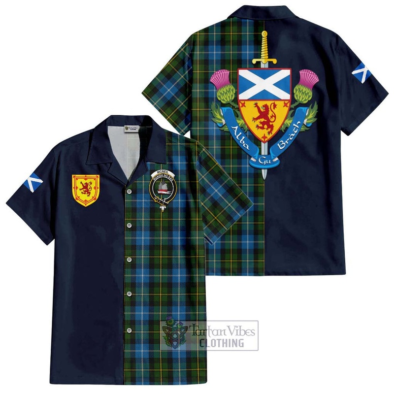 McNeil of Barra Tartan Short Sleeve Button Shirt Alba with Scottish Lion Royal Arm Half Style