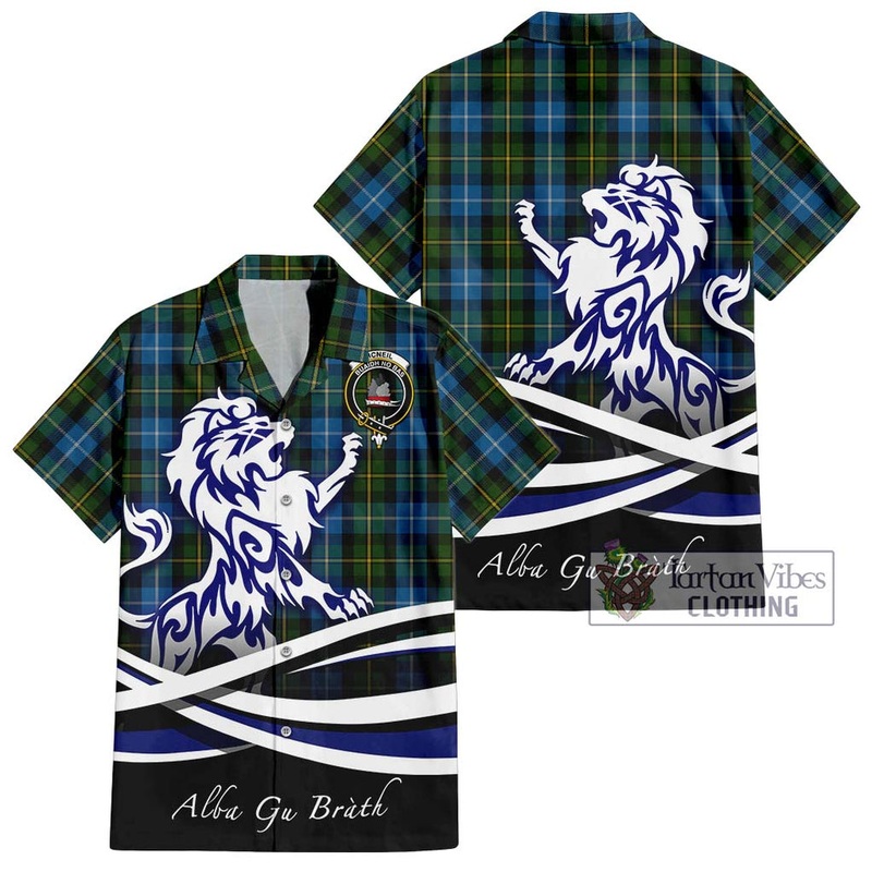 McNeil of Barra Tartan Short Sleeve Button Shirt with Alba Gu Brath Regal Lion Emblem