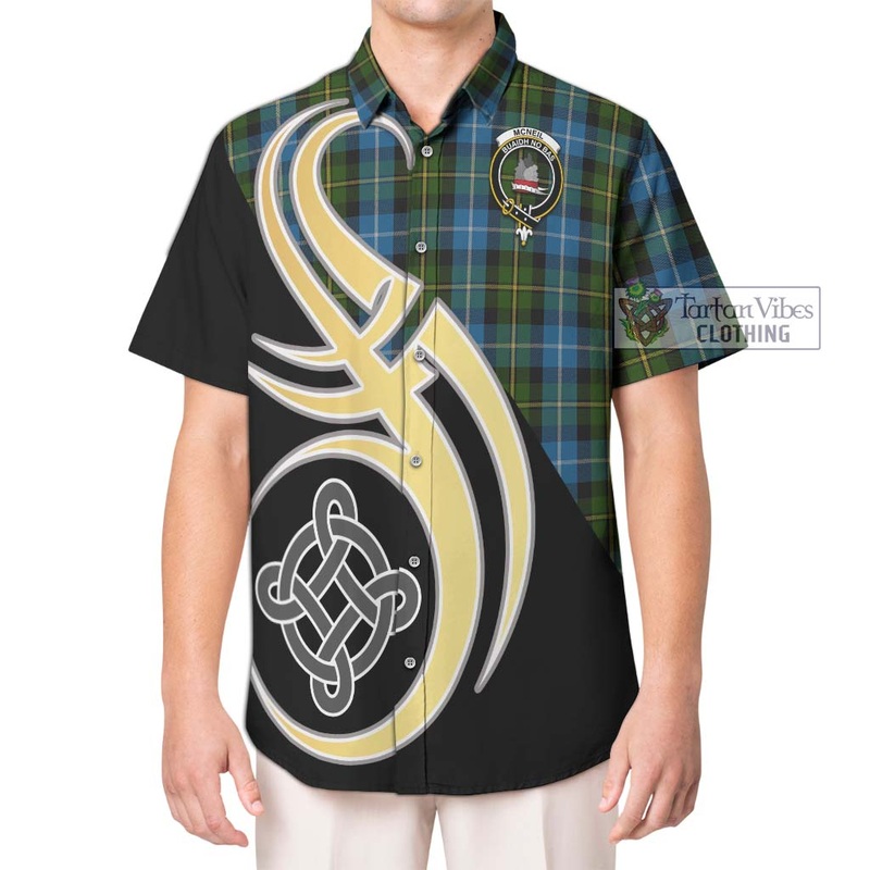 McNeil of Barra Tartan Short Sleeve Button Shirt with Family Crest and Celtic Symbol Style