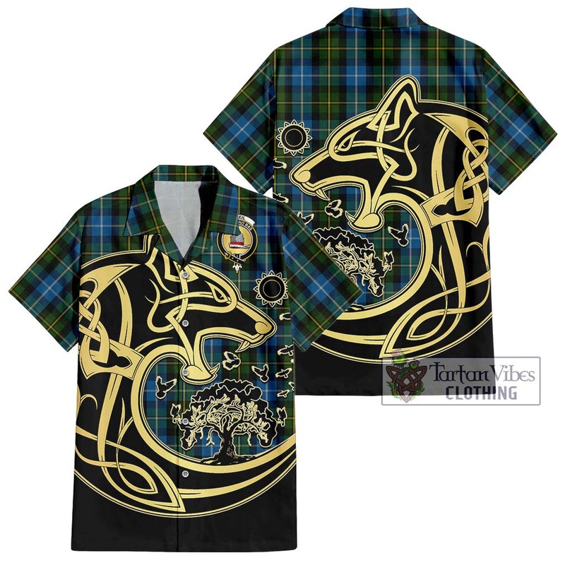 McNeil of Barra Tartan Short Sleeve Button Shirt with Family Crest Celtic Wolf Style