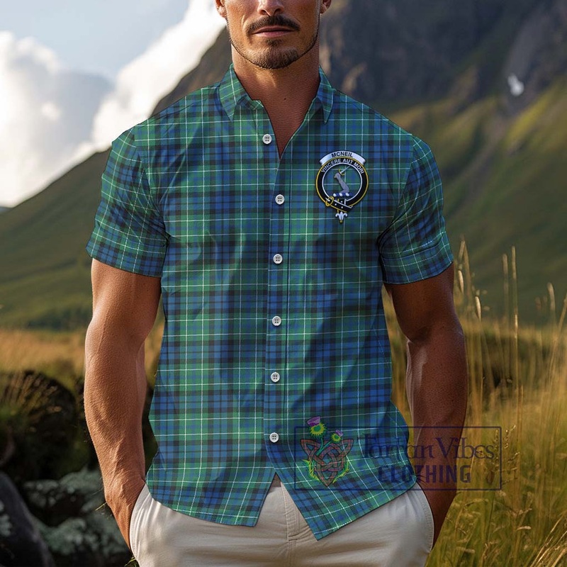 McNeil of Colonsay Ancient Tartan Cotton Hawaiian Shirt with Family Crest