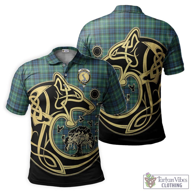 McNeil of Colonsay Ancient Tartan Polo Shirt with Family Crest Celtic Wolf Style