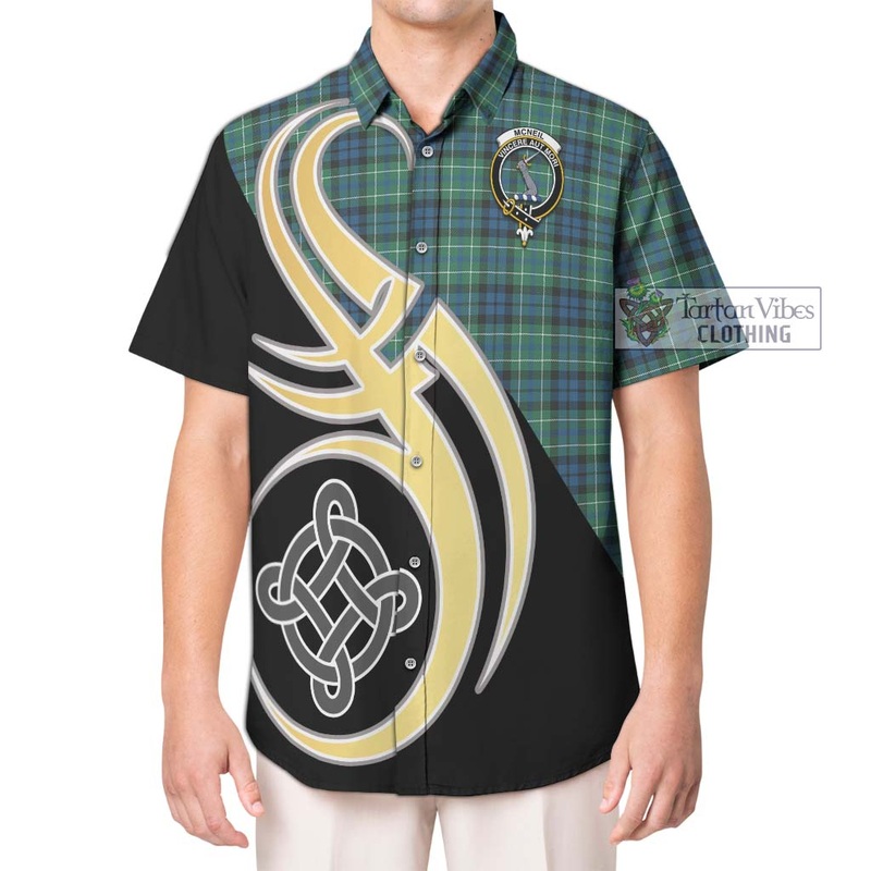 McNeil of Colonsay Ancient Tartan Short Sleeve Button Shirt with Family Crest and Celtic Symbol Style